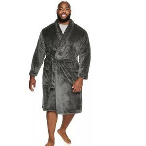 Mens Winter Robe Knee Length 2XLT Gray Plush Long Sleeve Belted Shawl Sonoma